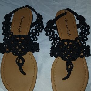American Eagle Outfitters Black Braided T-Strap Sandals - Women's